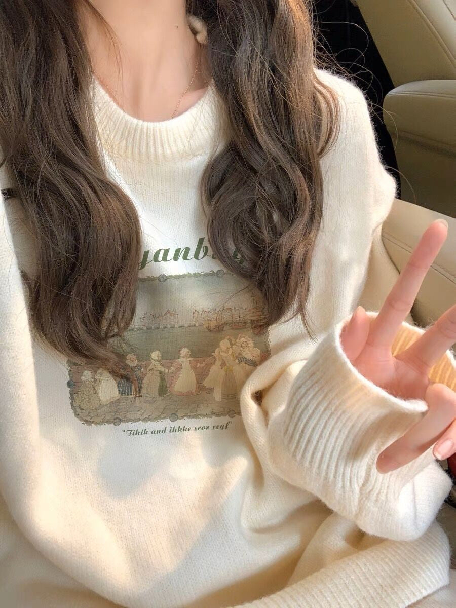 Retro Lazy Pullover Sweater Printed Women's Top