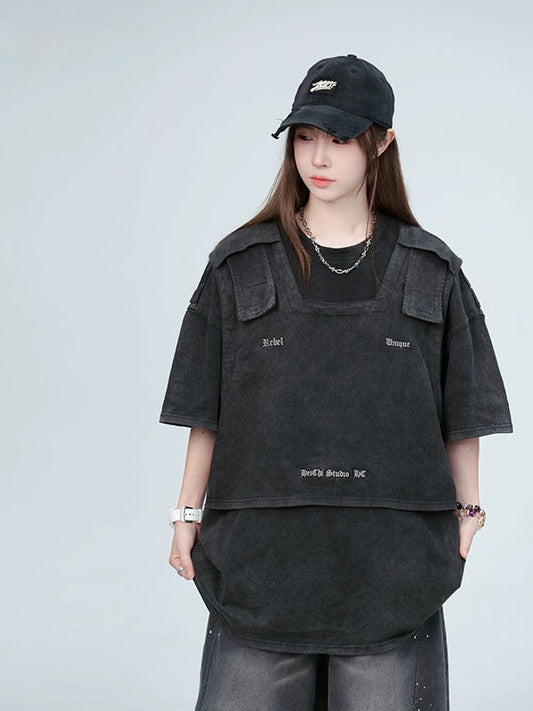 American Washed Distressed Design Fake Two-piece Structure Embroidery Short Sleeve