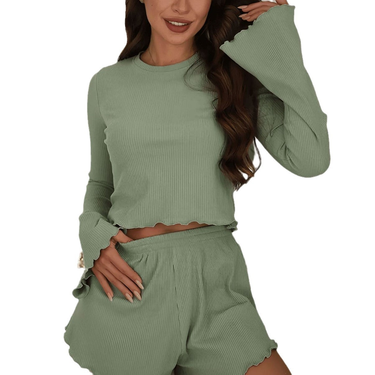 AutumnWinter Crew-Neck Pajama Two-Piece Set Womens Loungewear