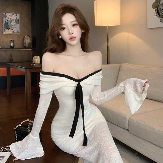 Off Shoulder Flared Sleeve Bodycon Sheath Dress
