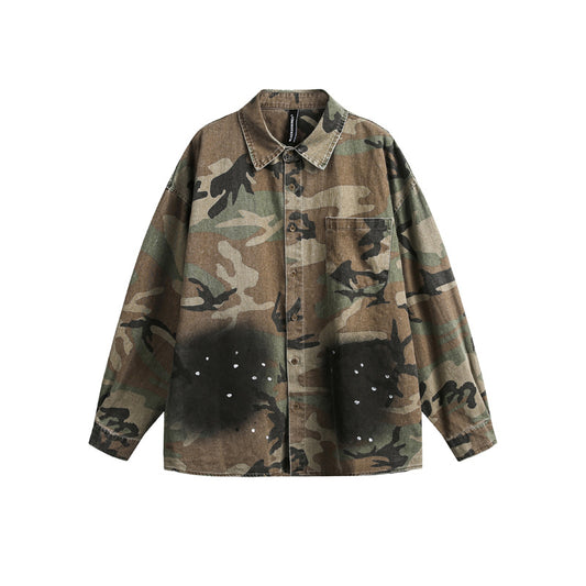 Coat Vintage Splash-ink Distressed Camouflage Shirt For Men