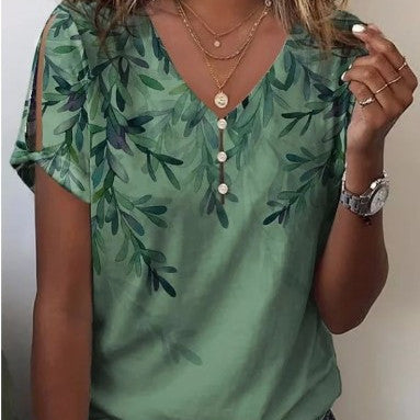 Women's Printed Comfort And Casual V-neck Buttons Short Sleeve