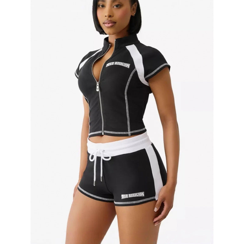 Womens Zip-Up Cardigan Slim-Fit Casual Sport Short-Sleeve Top And Pants Set