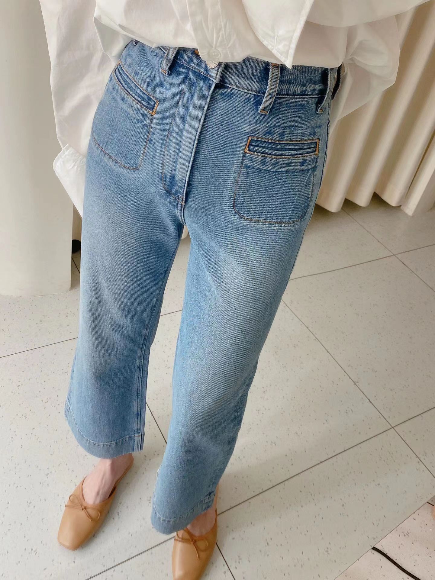 Women's Light Blue Distressed Ninth Micro Flared Jeans