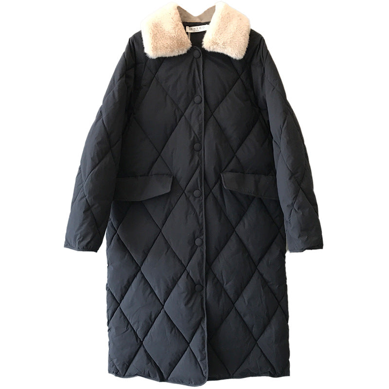 Mid-length Women's Fur Collar Rhombus Quilted Jacket