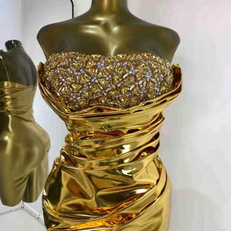 Guldfarvet Glossy Rhinstensbesat Light-luxury Bodycon Nederdel i Europæisk og Amerikansk Stil