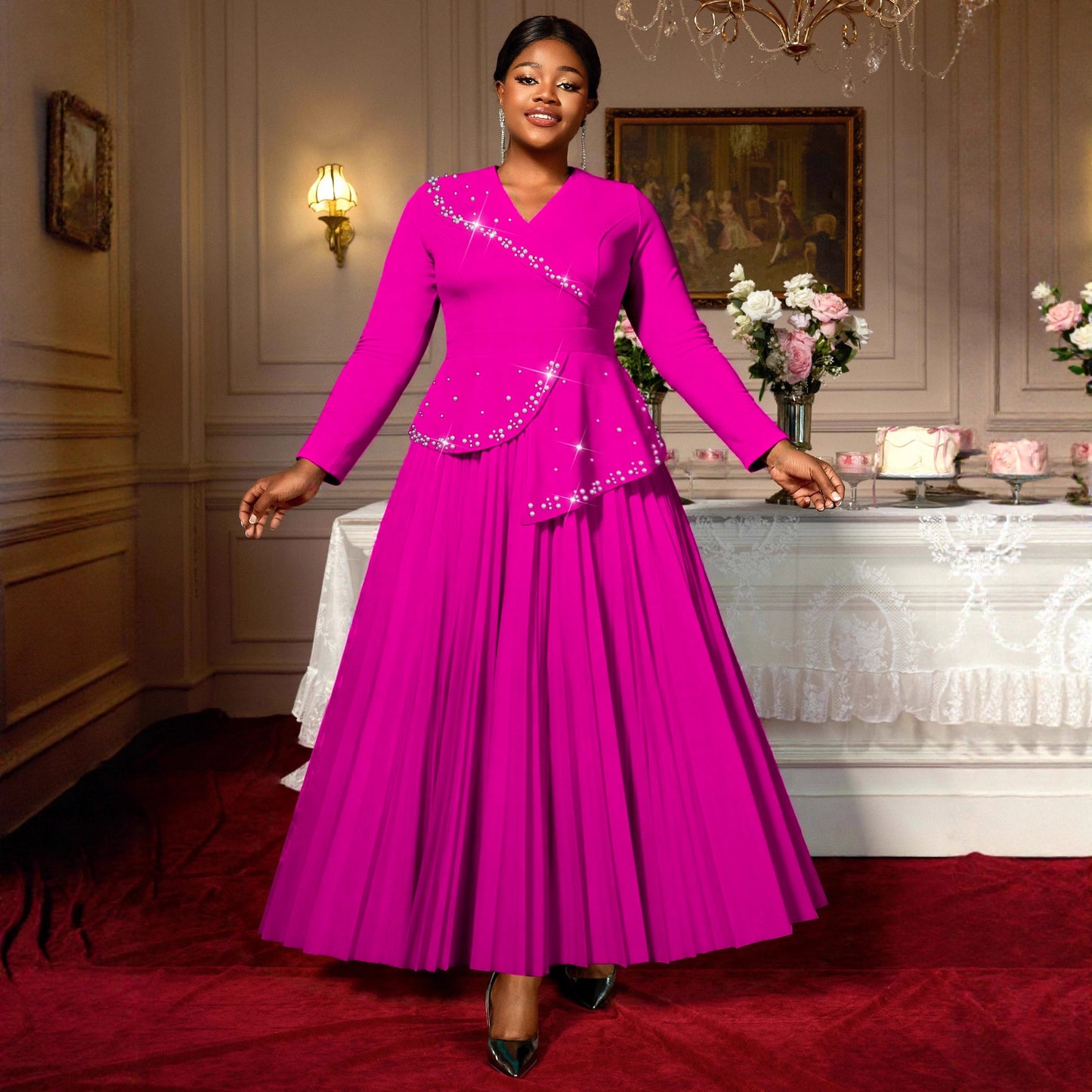 Womens Mandarin-collar Rose-red Beaded Dress