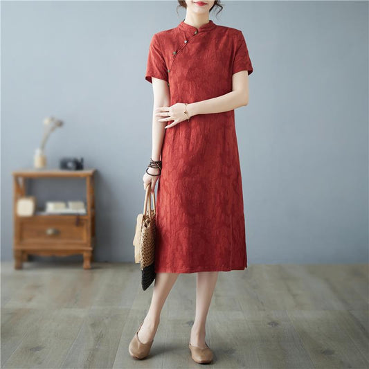 Retro Chinese-style Stand-collar Dress With A Slimming Elegant Design And Short Sleeves