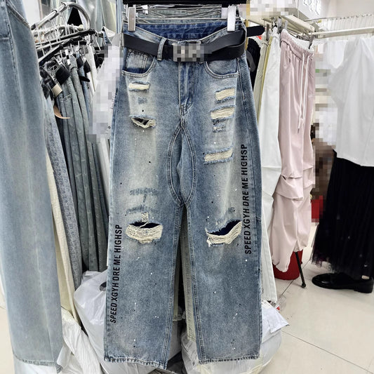 Letter Printed Ripped Cool Brushed Paint Jeans