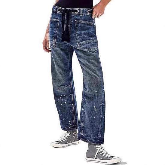 Womens Patchwork Loose Straight Denim Jeans With Drawstring Waist And Lace-Up Details