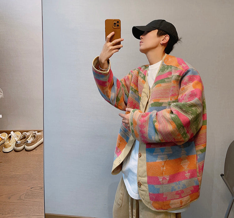 Retro Loose Ethnic Style Contrast Color Woolen V-neck Buttons Rainbow Jacket For Men