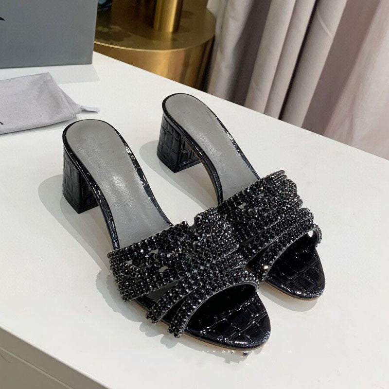 Stone Print Microfiber Rhinestones Round Toe Slippers
