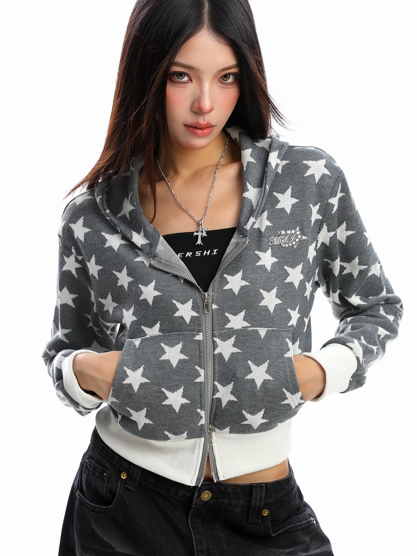 Full Printed XINGX Hooded Short Sweater Women's Cardigan Zipper Coat