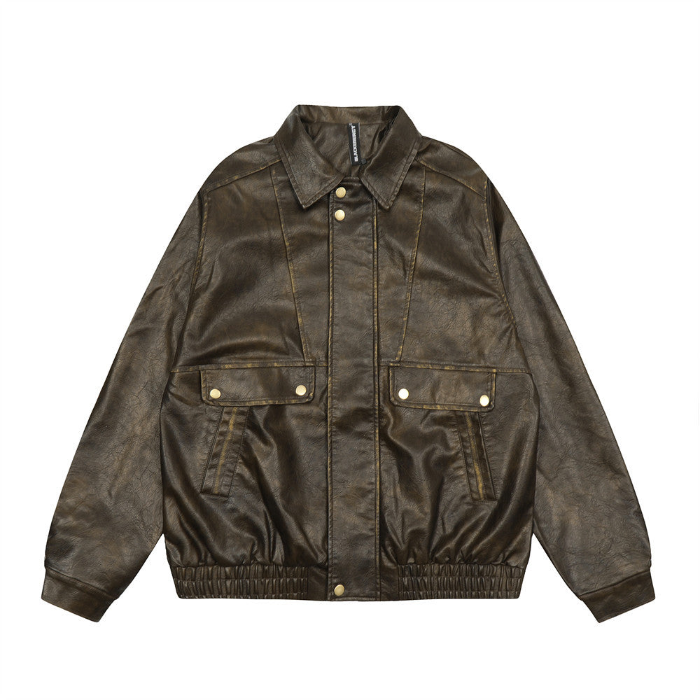 Vintage Distressed PU Leather Jacket Men's High Street