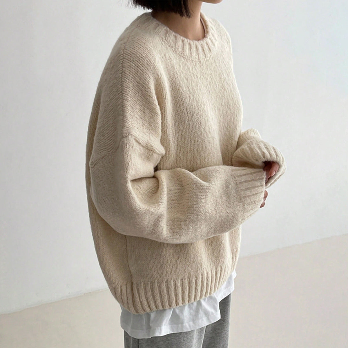 Versatile Round Neck Thickened Solid Color Sweater Pullover Long Sleeve