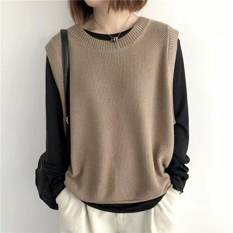 Women Sleeveless Vest Bandage Dress Outer Wear Solid Color Round Neck Vest