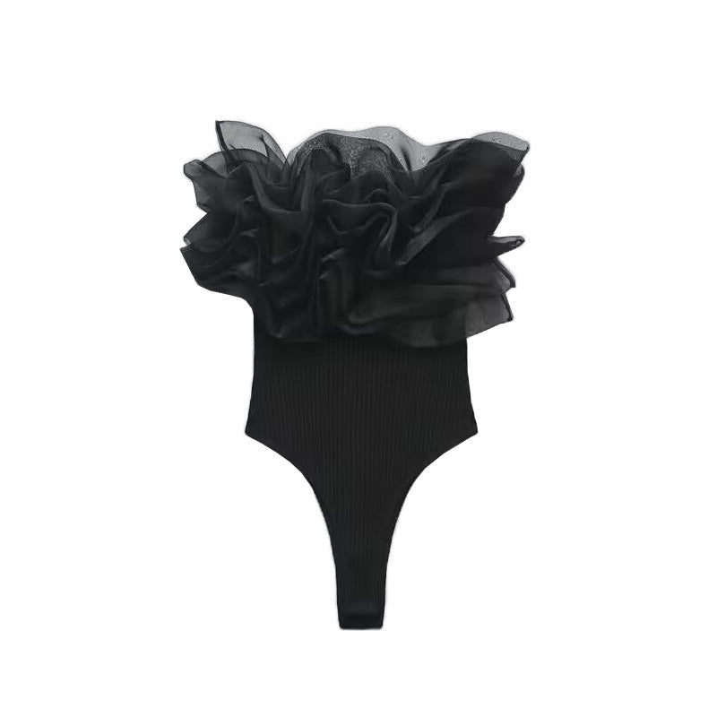 Strapless Straight Collar Transparent Organza Laminated Decoration Rib Jumpsuit