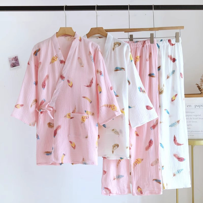 Spring And Autumn Thin Cotton Home Wear Set With Laces, Sauna Suit