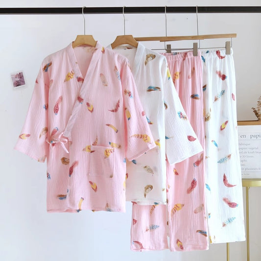 Spring And Autumn Thin Cotton Home Wear Set With Laces, Sauna Suit