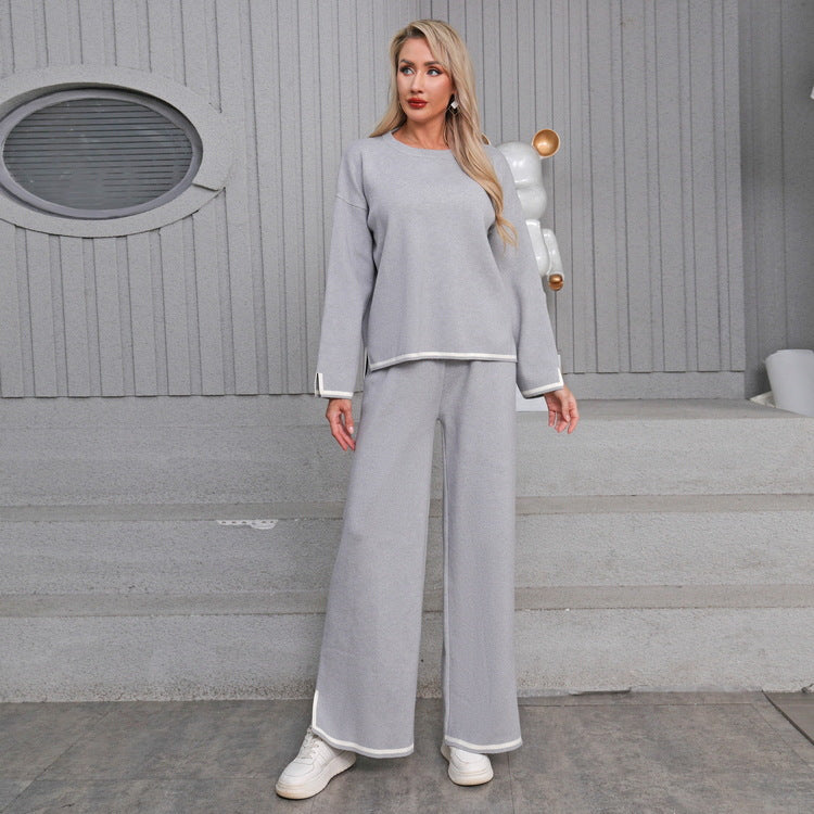Thickened Elegant Casual Contrasting Color Long-Sleeve Womens Knitted Suit