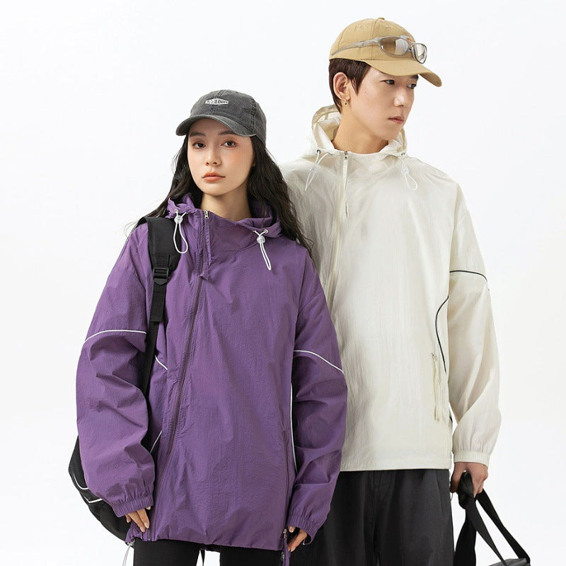 Oblique Zipper Design Solid Color Sun Protection Clothing Hooded
