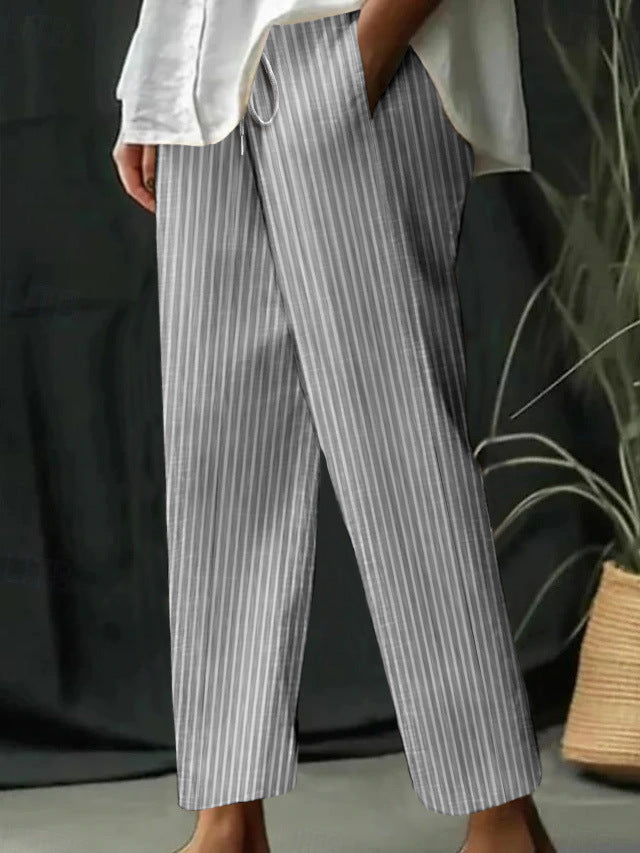 Casual Homewear Pants New Striped Solid Color Cotton And Linen Loose Trousers