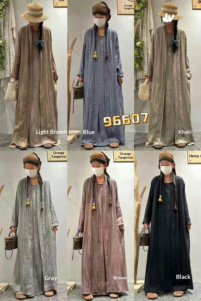 Solid-color Pleated Linen Vest Dress Long Coat Two-piece Set