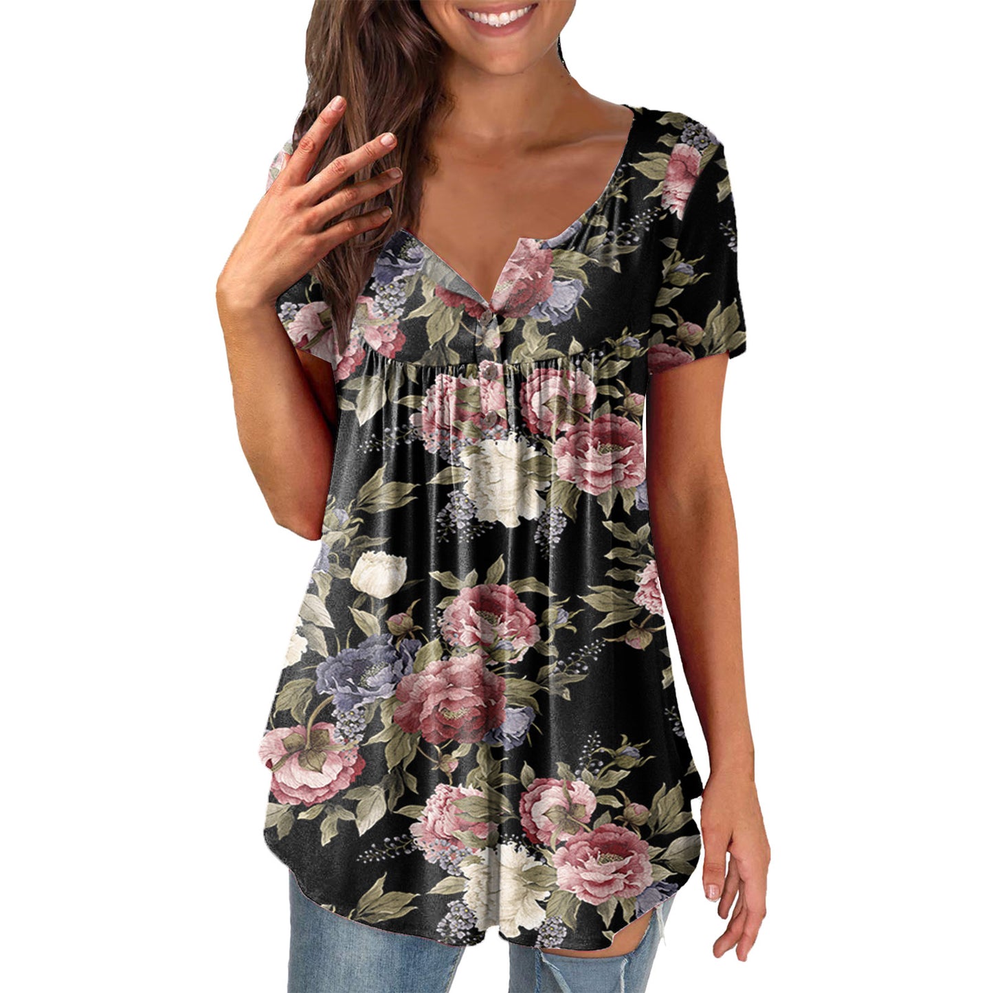 Ladies' Printed Ruffled Pullover Short Sleeve