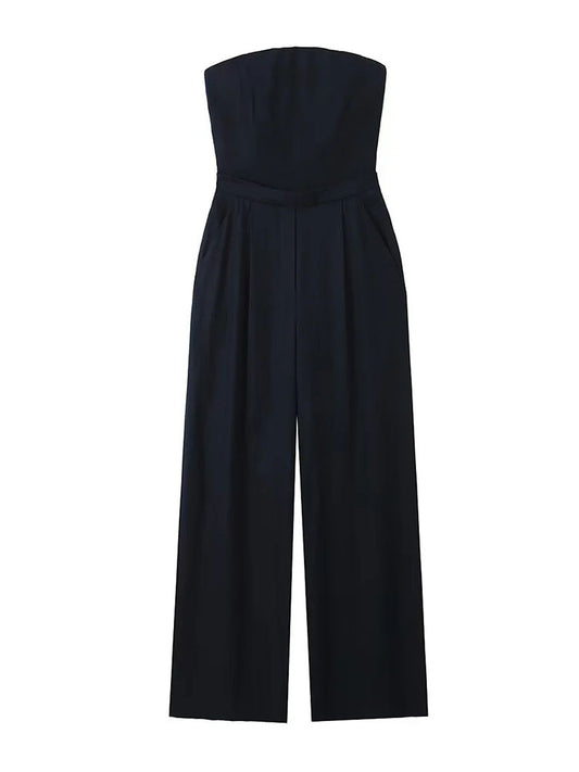 Women's Black Loose Fitting Linen Blend Bra Style Jumpsuit