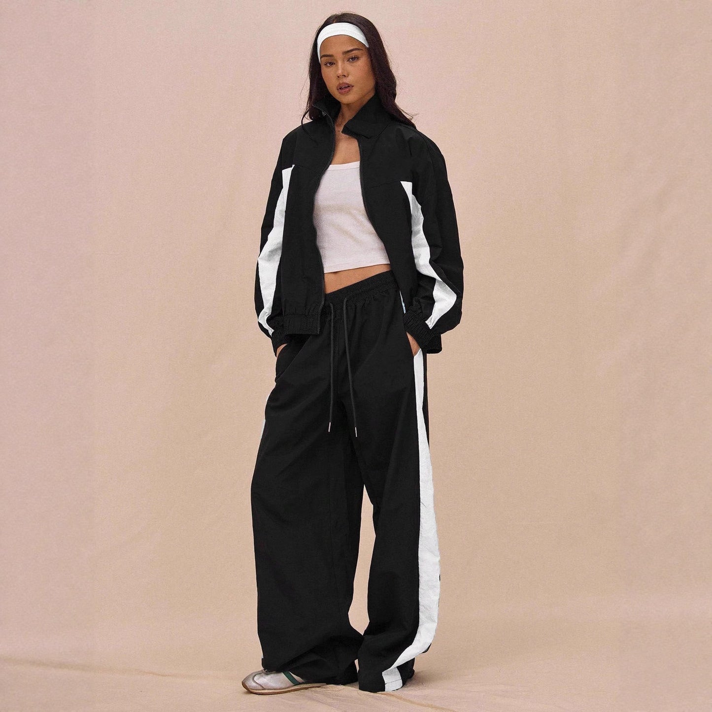 Stylish Womens Striped Zip-Up Jacket And Lace-Up Pants Set