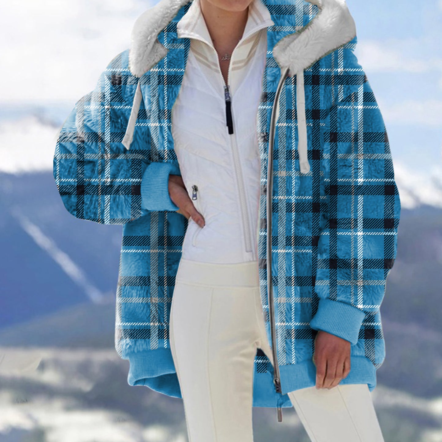 Plush Printed And Dyed Zipper Hooded Coat For Women