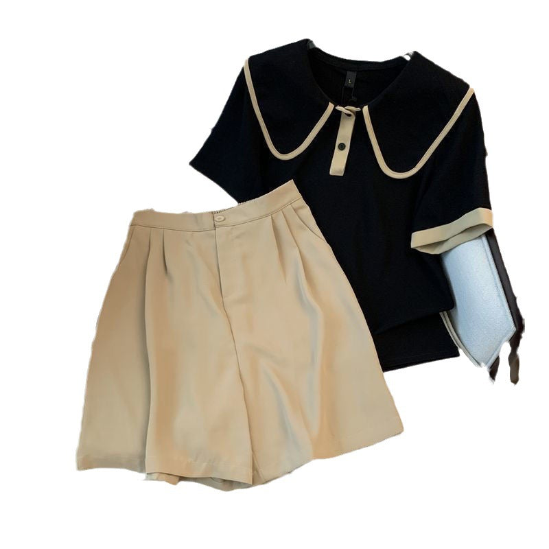 Chanel-style Notched-collar Contrast-color Short-sleeve Fashion Set
