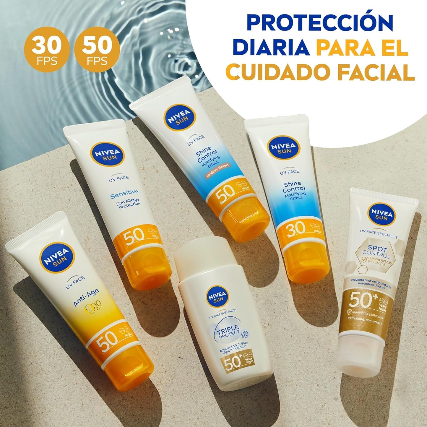 NIVEA SUN - Protección Solar Facial UV FP50 Antiedad & Antimanchas - Crema Solar Facial - Previene Las Arrugas - Con Q10 Y Antioxidantes - Crema Hidratante - 0% Residuos - Piel Normal a Seca - 50 Ml