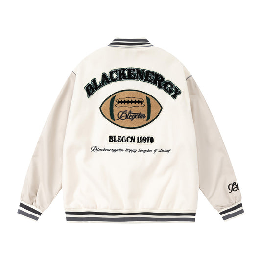 Towel Embroidered Rugby Pattern Leather Sleeve Stitching Jacket Coat