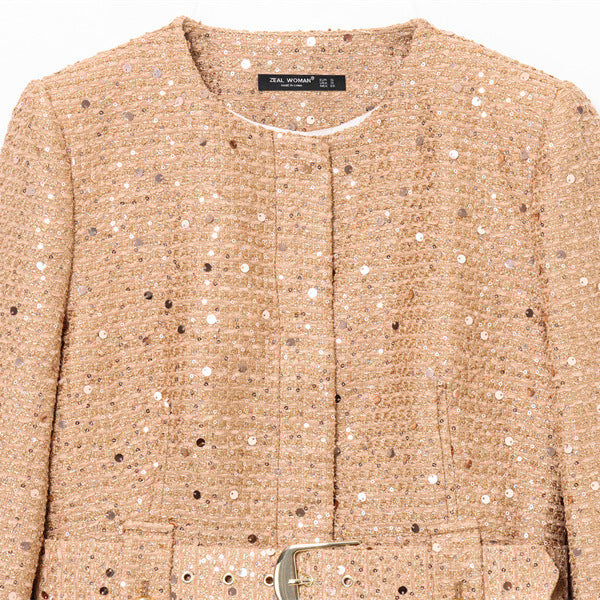 Fashion With Belt Beads Decoration Round Neck Blazer