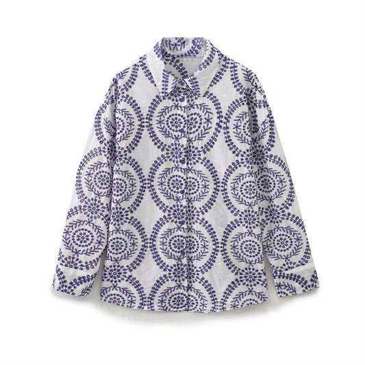 European And American Style Printed Floral Embroidered Top