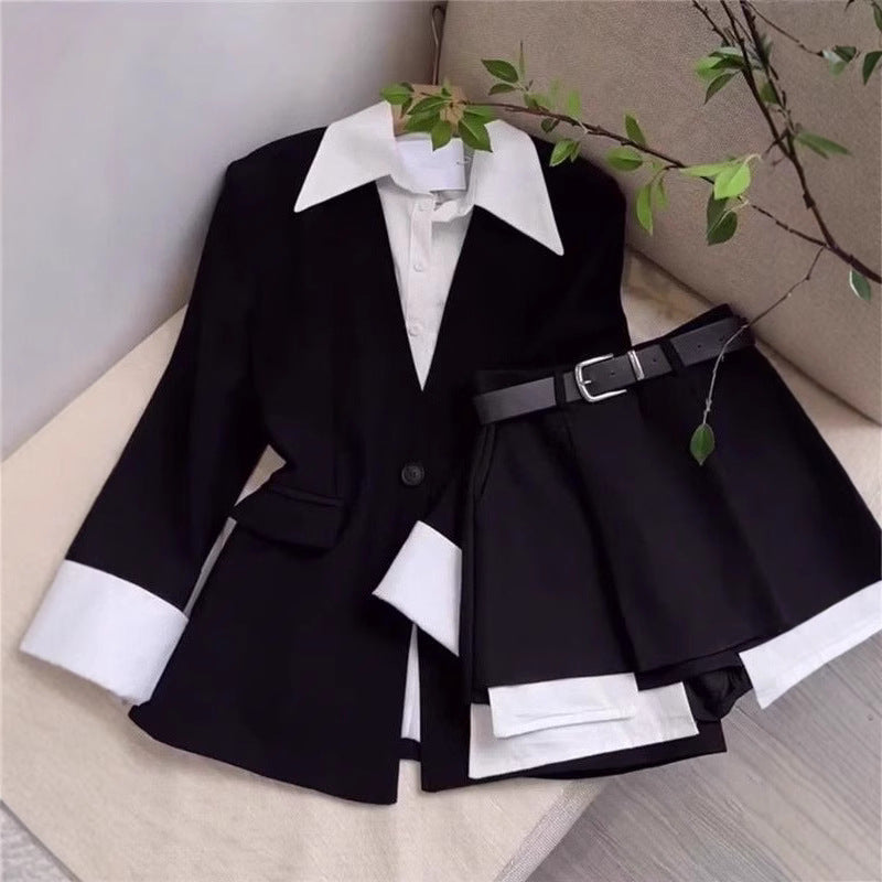 Two-piece Set Featuring A Faux Two-piece Midi Blazer Jacket And High-waisted Skirt Pants