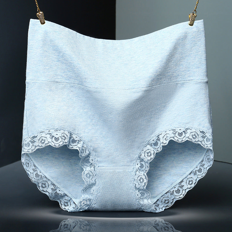 Solid Color Lace Trim Pure Cotton High Waist Briefs