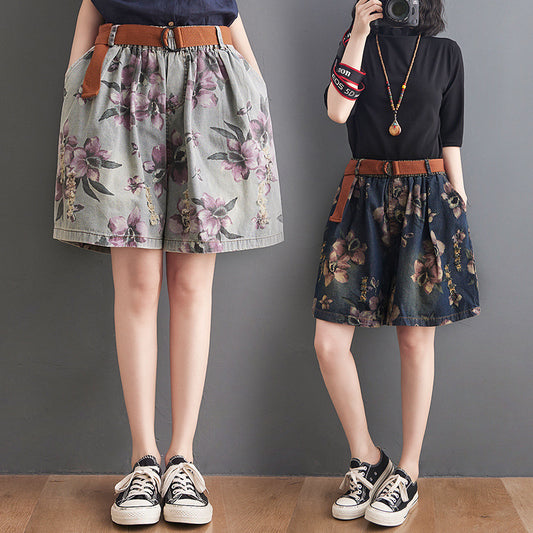 New Fat Sister Print Thin Wide Leg Shorts Women