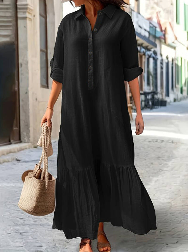 Long Asymmetrical Cotton Linen Dress With A Shirt Collar And Twist Buttons