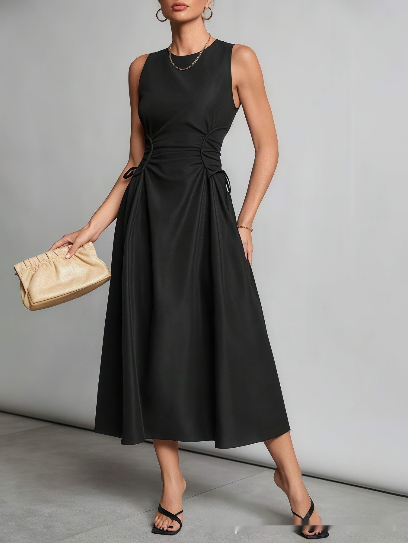 Niche Pleated Waist-cinching Figure-flattering A-line Maxi Dress