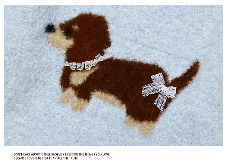 Milk Blue Sausage Dog Jacquard Round Neck Sweater