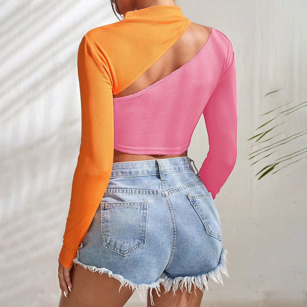 Women's New Hollow-out Color-blocking Short Slim-fit Long-sleeve Top