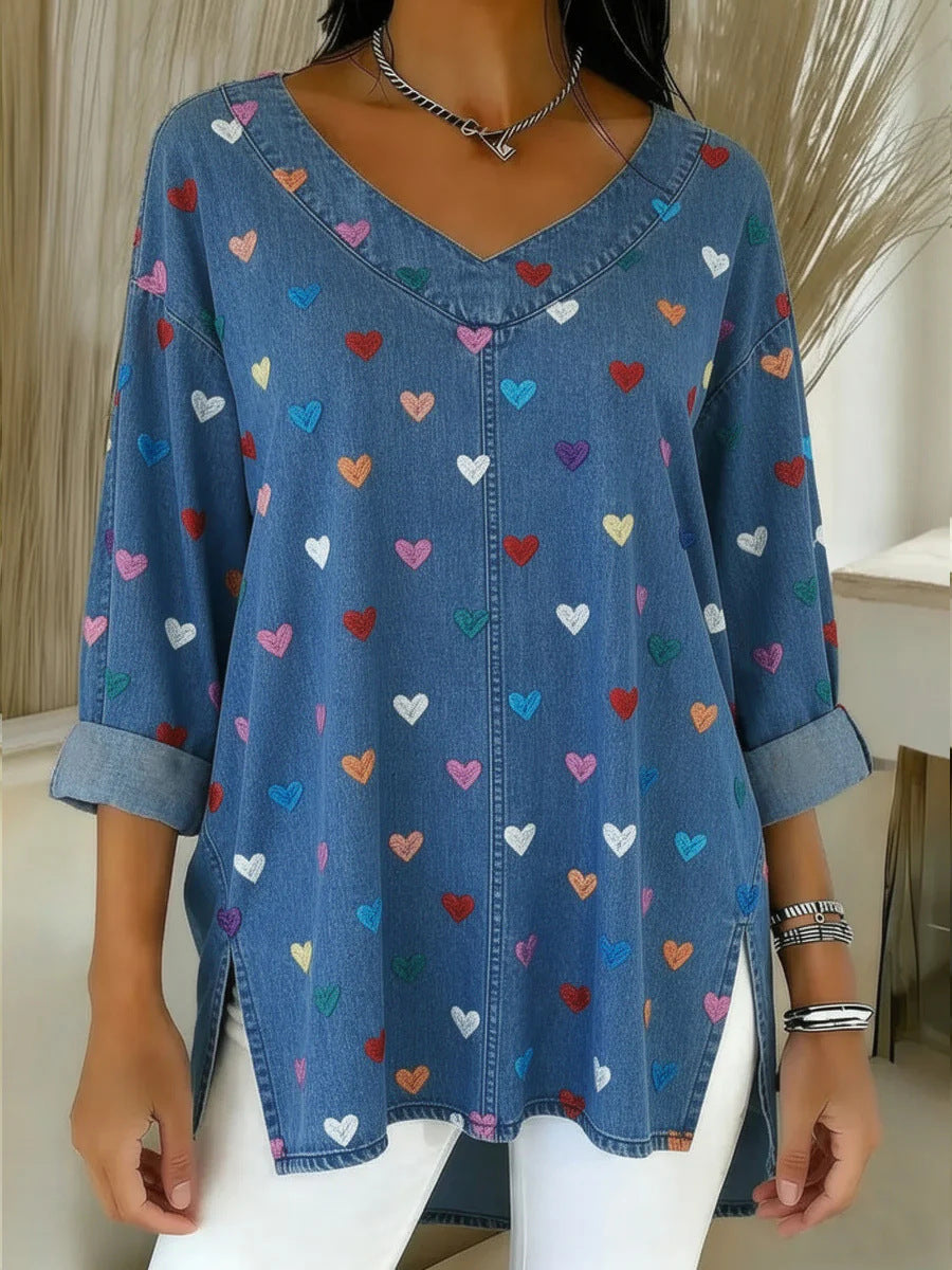 Retro Botanical Print Relaxed-fit Long-sleeve Casual Top