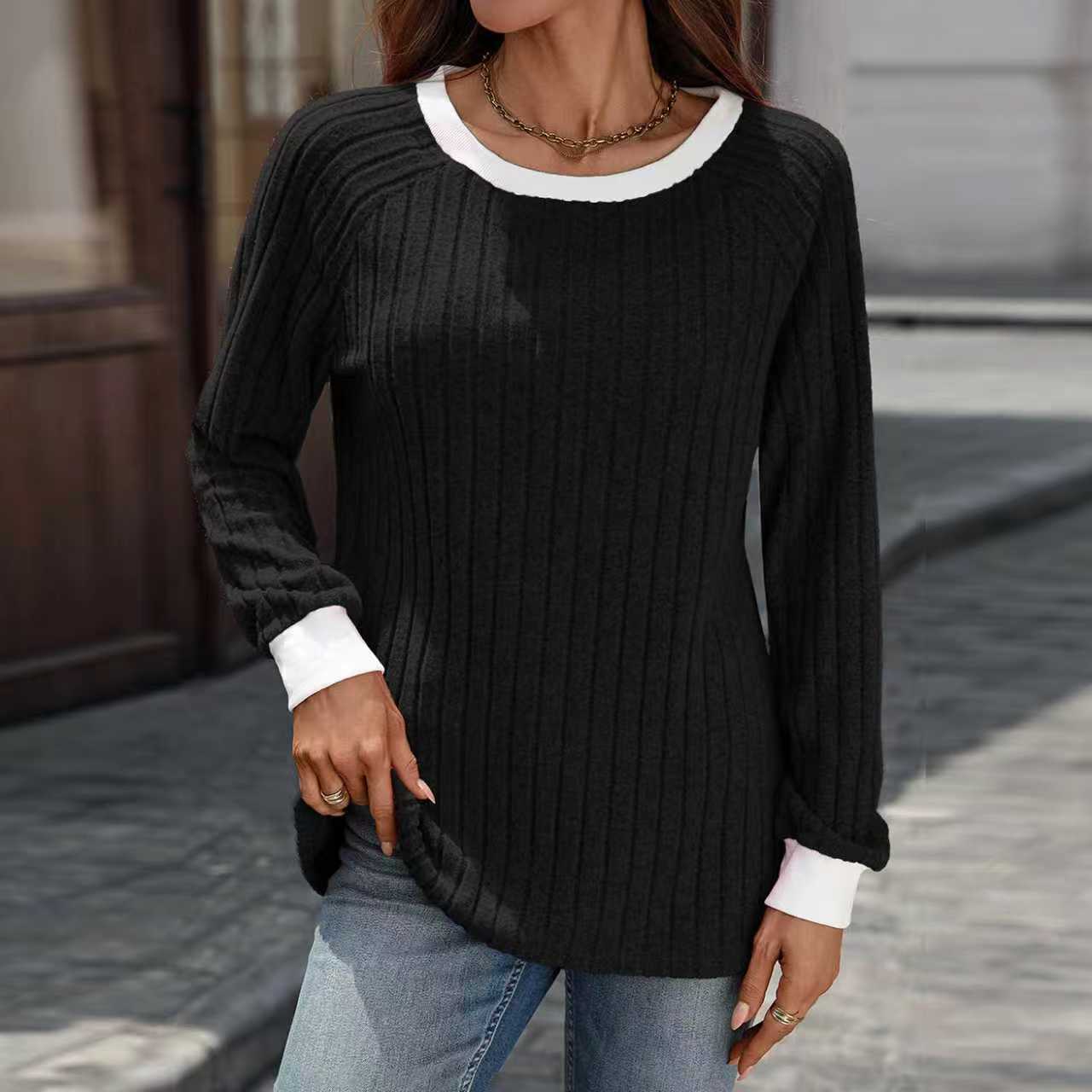 European And American Autumn And Winter Round Neck Contrast Color Long Sleeves Sunken Stripe T-shirt