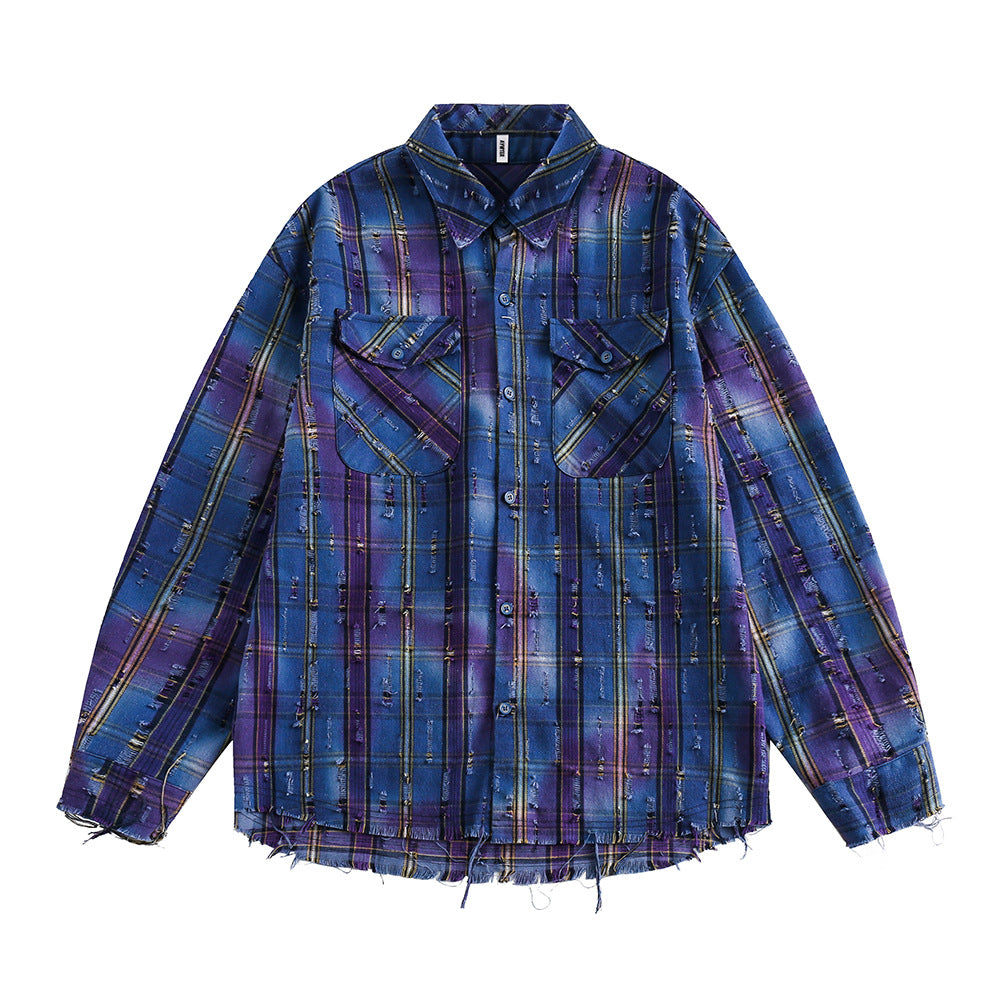 Tie-dye Gradient Plaid Shirt Men's High Street Fashion Design Sense