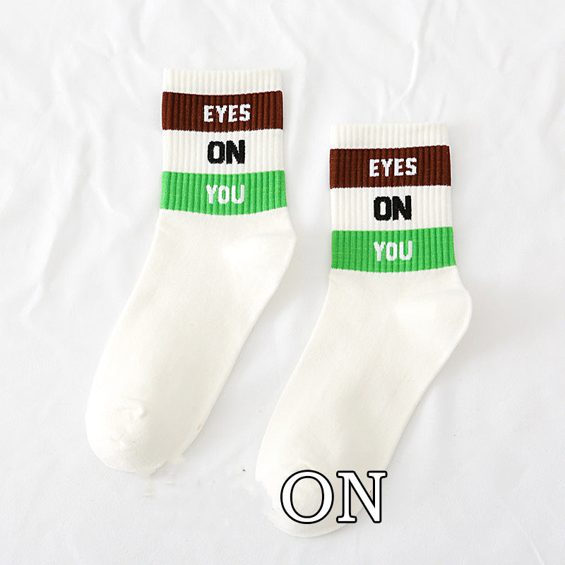 Spring And Autumn Ladies New Mid-calf English Letters Wide Stripe Combination Ins Trend Athletic Socks Combed Cotton Women's Socks Manufacturer
