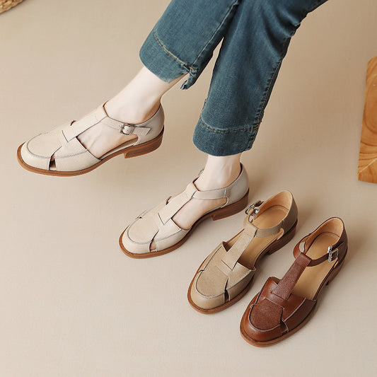 Retro Flat Bottom Women's Sandals Hollowed Toe Box