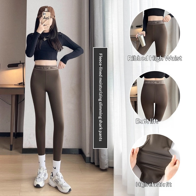 High-stretch Shark Pants Made From Thickened Coral Fleece Fabricslim-fit Warming Leggings Perfect For Autumn