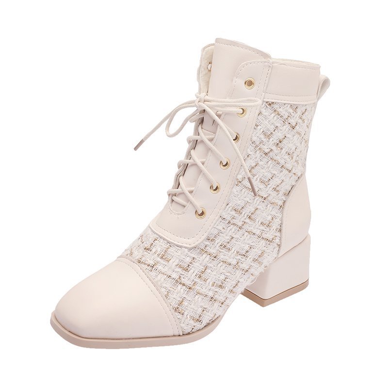 Round Toe Thick Heel Women's Boots With Front Lace Lattice